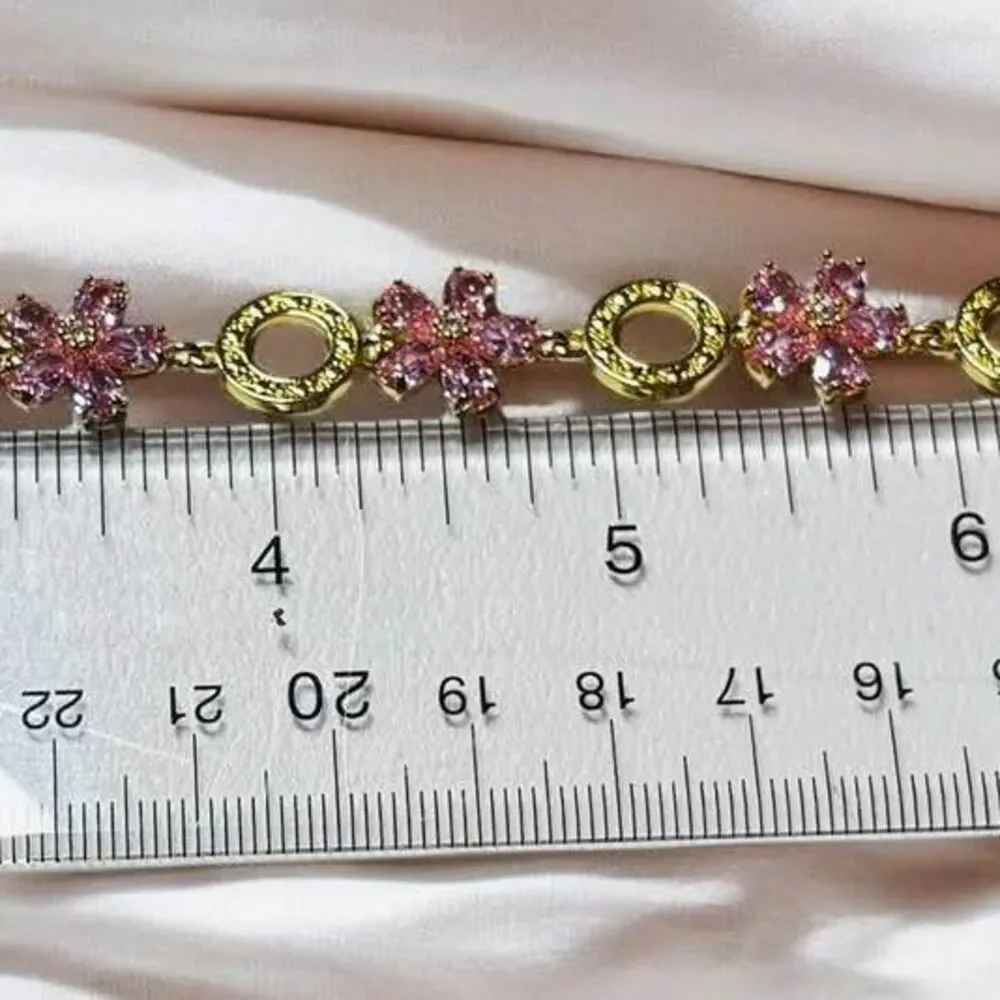 🎁🎁Free Shipping!!Vintage Style Gold Pink Rhinestone Crystal Flower Link Bracel